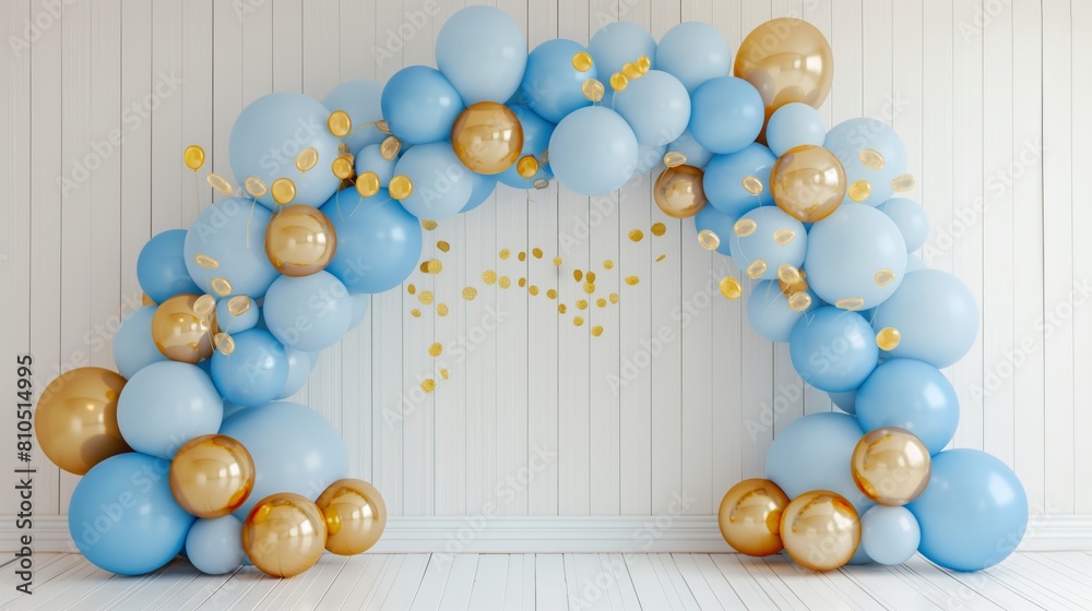 Obraz premium Elegant Light Blue and Gold Balloon Arch with Garlands Against White Wall