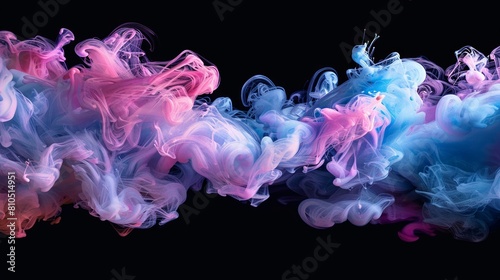 Artistic representation of pink and blue dyes swirling together in a liquid medium against a stark black backdrop.