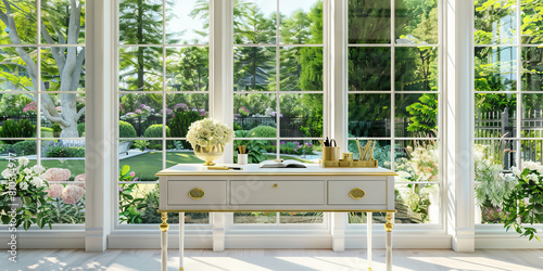 Elegant New England Home Office: A sophisticated home office boasting a white-painted desk with gold accents, flanked by tall sash windows overlooking a lush garden, creating a serene and stylish work photo