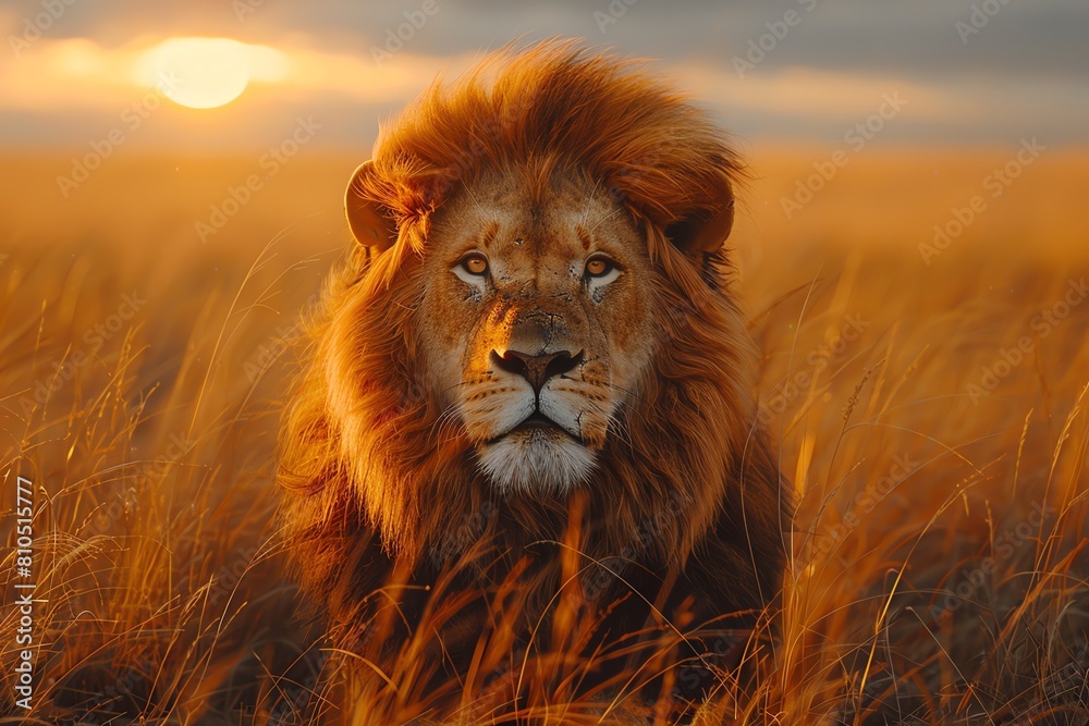 Capture a majestic lion in the savannah at sunset