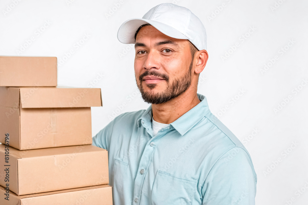 Satisfied Young Bearded Delivery Man with Packages Satisfied Young Bearded Delivery Man with Packages