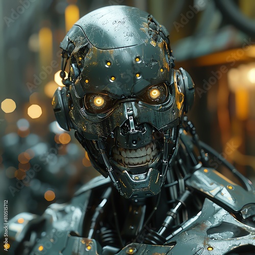 Capture a close-up shot of a cyborg with a twisted smile