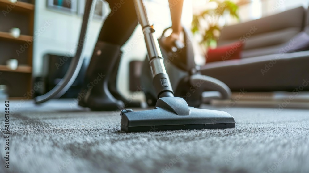 A person is vacuuming a carpet. A person is vacuuming a carpet.