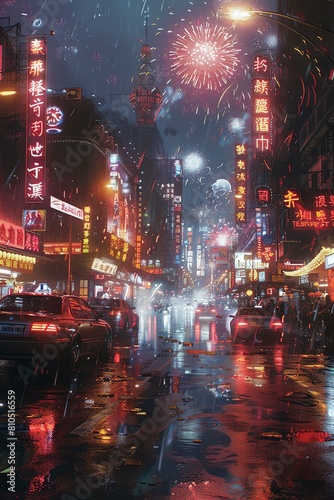 Craft a dynamic, close-up view of a dystopian street party, with holographic fireworks bursting overhead Combine futuristic elements with a bustling, dystopian cityscape