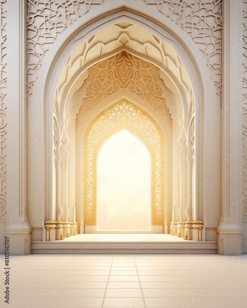 Eid Al-Adha design showcasing Islamic patterns and arches, leaving room for personalized copy space Eid Al-Adha design showcasing Islamic patterns and arches, leaving room for personalized copy space