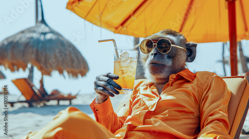 A monkey in human clothes lies on a sunbathe on the beach, on a sun lounger, under a bright sun umbrella