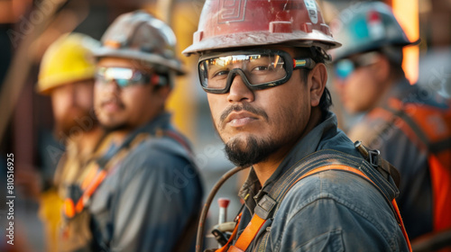 Focused construction worker in hard hat with his team in the background, showcasing teamwork and professionalism.