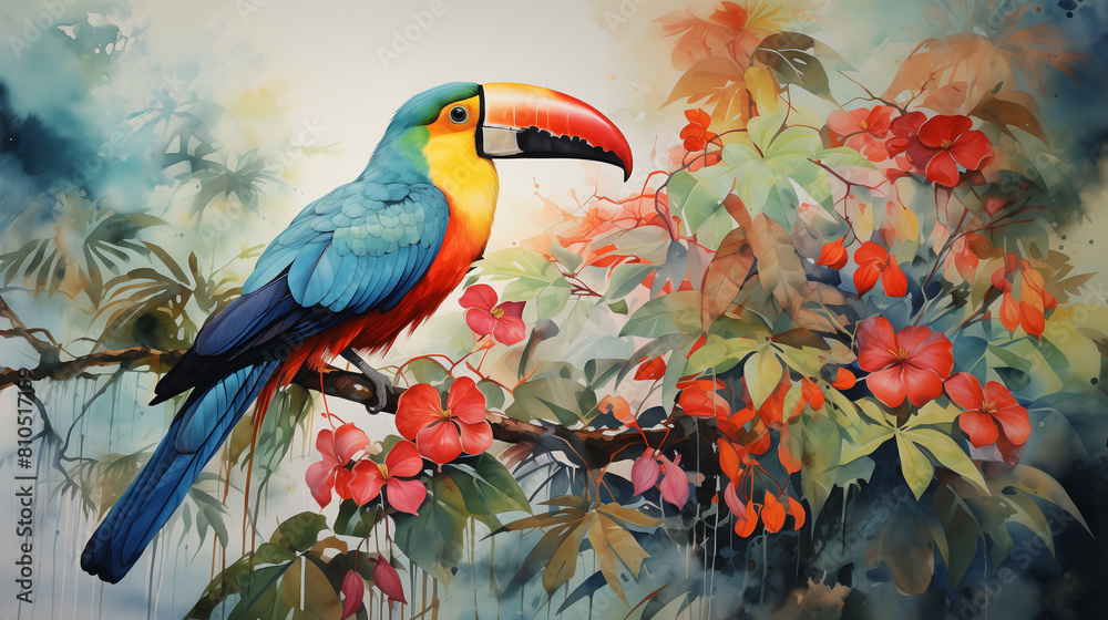 Fototapeta premium Digital painting of a colorful toucan amidst lush foliage on a branch in a tropical forest, accented by bright flowers.