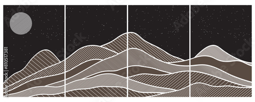 Set of mountain line art backgrounds, luxury wallpaper designs for covers, invitation backgrounds, white line designs, wall art and prints. Vector illustration.