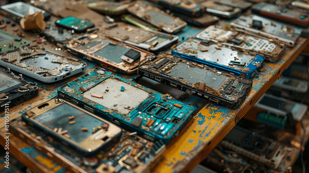 A detailed view of disassembled smartphones and components spread on a workshop table, emphasizing electronic waste and repair. A detailed view of disassembled smartphones and components spread on a workshop table, emphasizing electronic waste and repair.