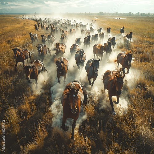 Electrically charge the atmosphere with a dynamic aerial view of a stampede of wild horses galloping across a vast plain Create a sense of movement and power