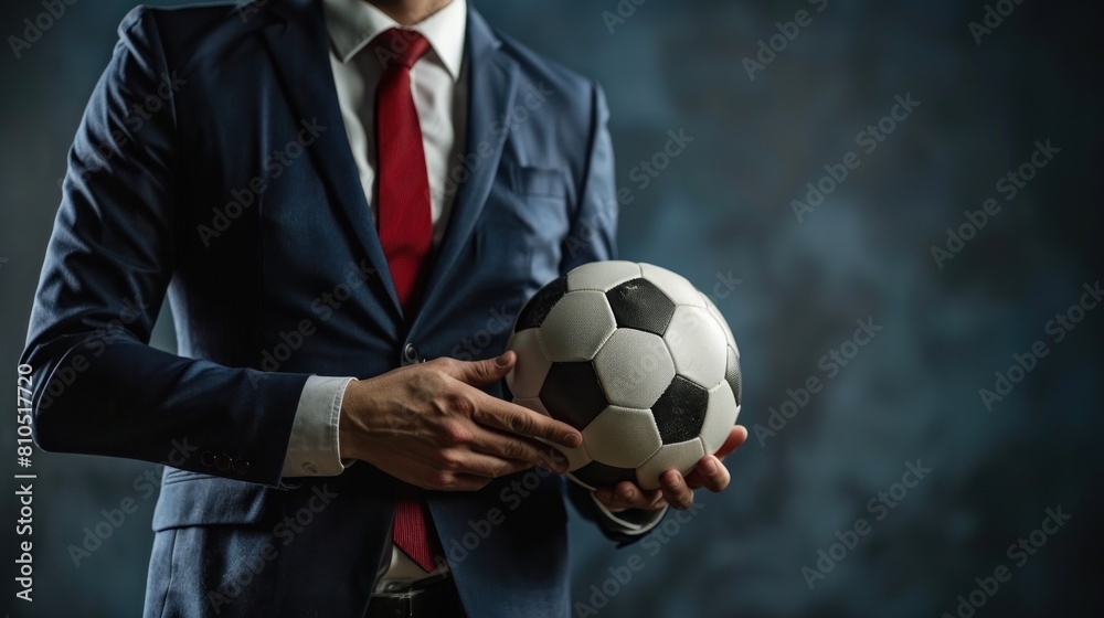 A football manager wear suit and red tie hand holding football. A football manager wear suit and red tie hand holding football.