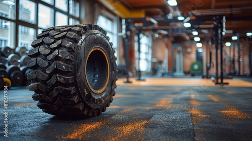 Heavy tire positioned strategically in a well-lit training area with visible gym gear in the background