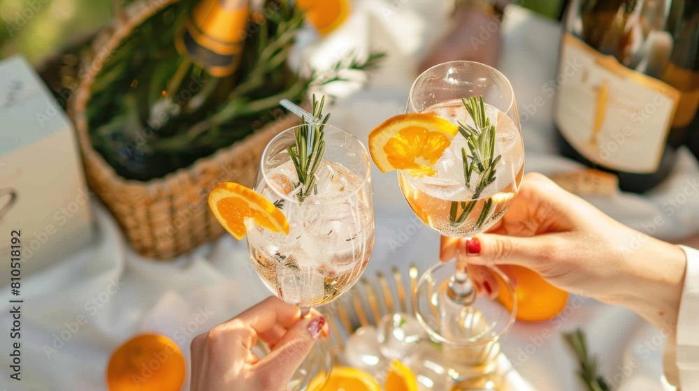 People are holding up two glasses of a drink with orange slices in them. People are holding up two glasses of a drink with orange slices in them.