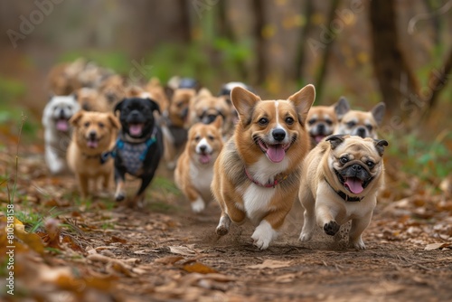 Pack of Small Dogs Running Down a Forest Trail, Nature Path, Pet and Animal Wallpaper, Puppy Backdrop, Veterinary Background 