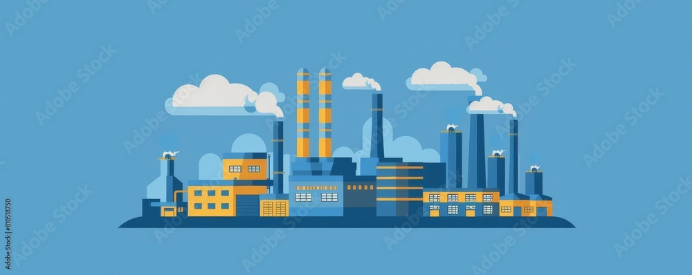 Cityscape with factories and buildings. Air pollution from industrial emissions. Environmental issues and climate change concept.