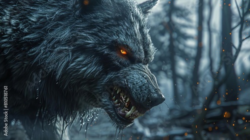 Bring the ferocious Werewolf to life in a side view, showcasing its menacing fangs and glowing red eyes, with a dark, eerie forest background, rendered in hyper-realistic CG 3D photo