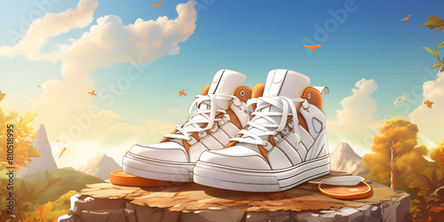 A pair of white shoes with new design on a wooden piece under the blue sky background