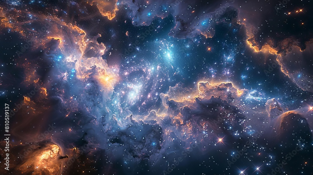 Obraz premium Capture the breathtaking expanse of a cosmic panorama featuring a vibrant galaxy cluster with swirling nebulae