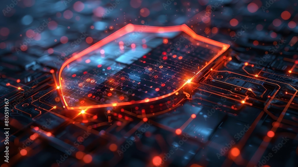 Capture the essence of cybersecurity from a low-angle view with a sleek Capture the essence of cybersecurity from a low-angle view with a sleek
