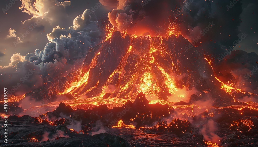 Capture the raw power of a wide-angle view volcanic eruption in vivid detail