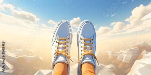 Feet of a Man with white shoes Walking on a Pathway Towards a Mountain in Nature on a Bright Sunny Day
