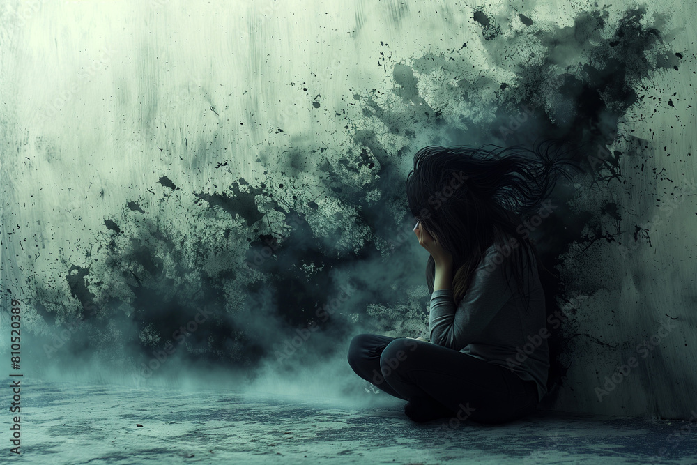 “Mental Health.” A woman looks tense but peaceful as she sits against a textured wall with her head in hands. Her posture suggests fear or pain. The background is an abstract design of splashes of pai