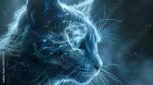  Cat's head with intricate neural connections and circuitry, symbolizing the integration of big data and artificial intelligence.digital brain manifested in the form of a blue feline with a transparen photo