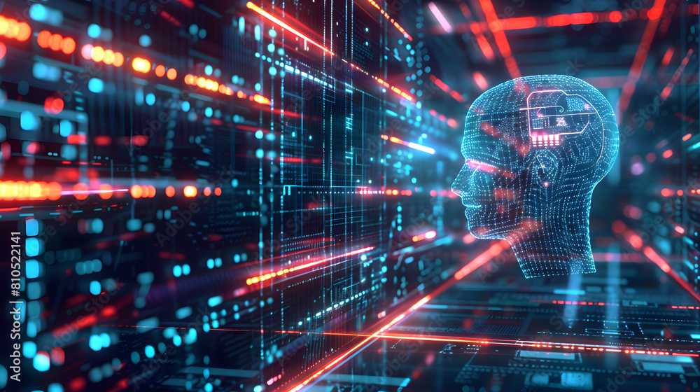 Obraz premium machine learning algorithms and big data analytics illustrated through a dynamic visualization .human brain as a circuit board,.dynamic interplay between human mind cognition, artificial intelligence.