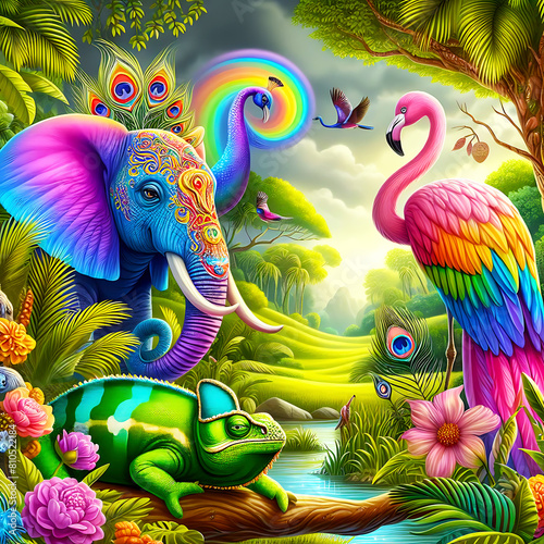 wild animals  fantasy style  bright and beautiful colors.