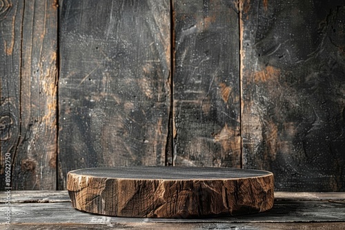 The image shows a round wooden table or podium on a wooden background