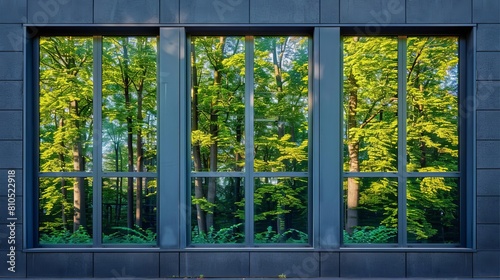 The photo shows a view of a forest through a modern office window.