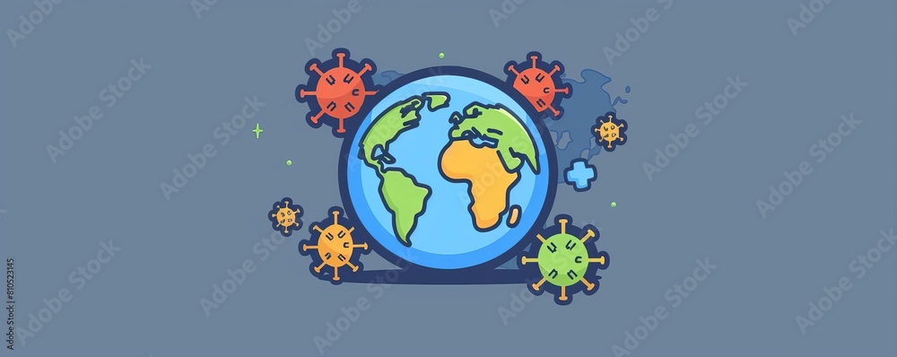 The illustration shows a cartoon Earth wearing a mask. The Earth is surrounded by virus. The illustration shows a cartoon Earth wearing a mask. The Earth is surrounded by virus.
