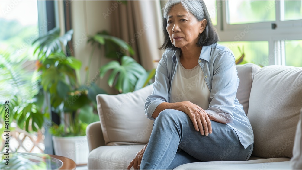 Obraz premium A distraught senior Asian woman feeling unwell, suffering from pain in leg while sitting on sofa in the living room at home
