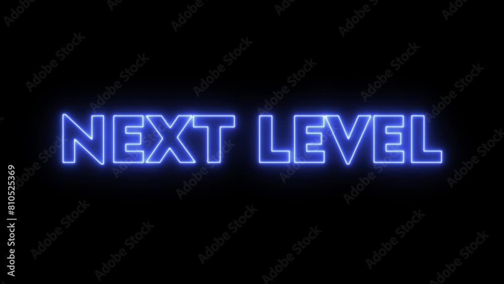 Next Level glowing neon text animation isolated on black background