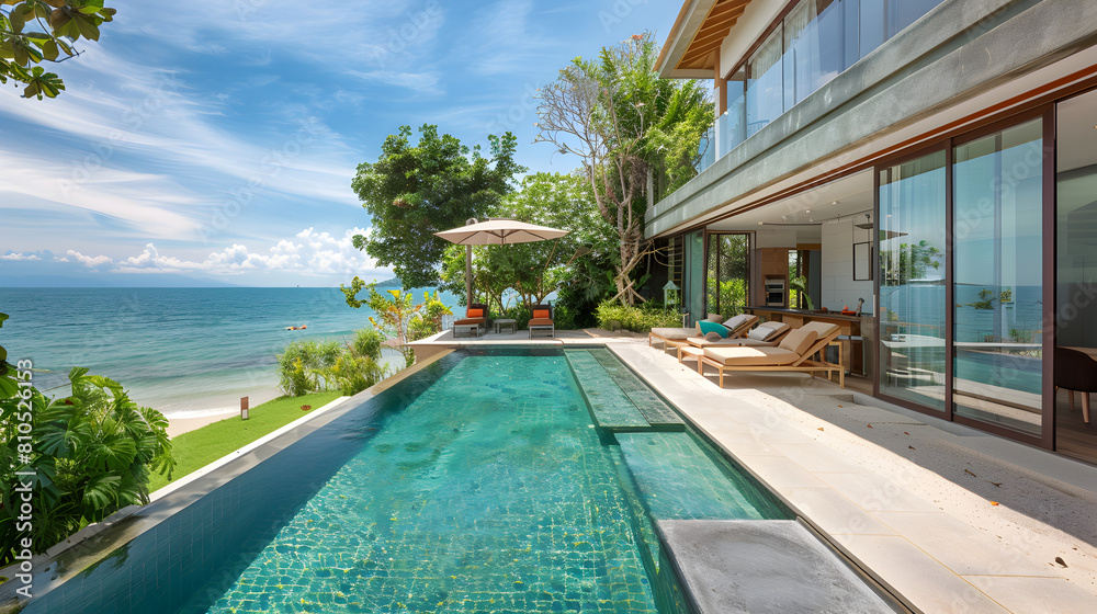 Fototapeta premium Seaview swimming pool in a modern mediterranean villa. afternoon. without people