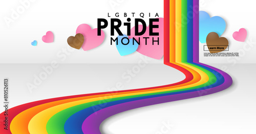 Colorful LGBTQIA pride month banner with 3D rainbow and hearts on white background. Vector template background.