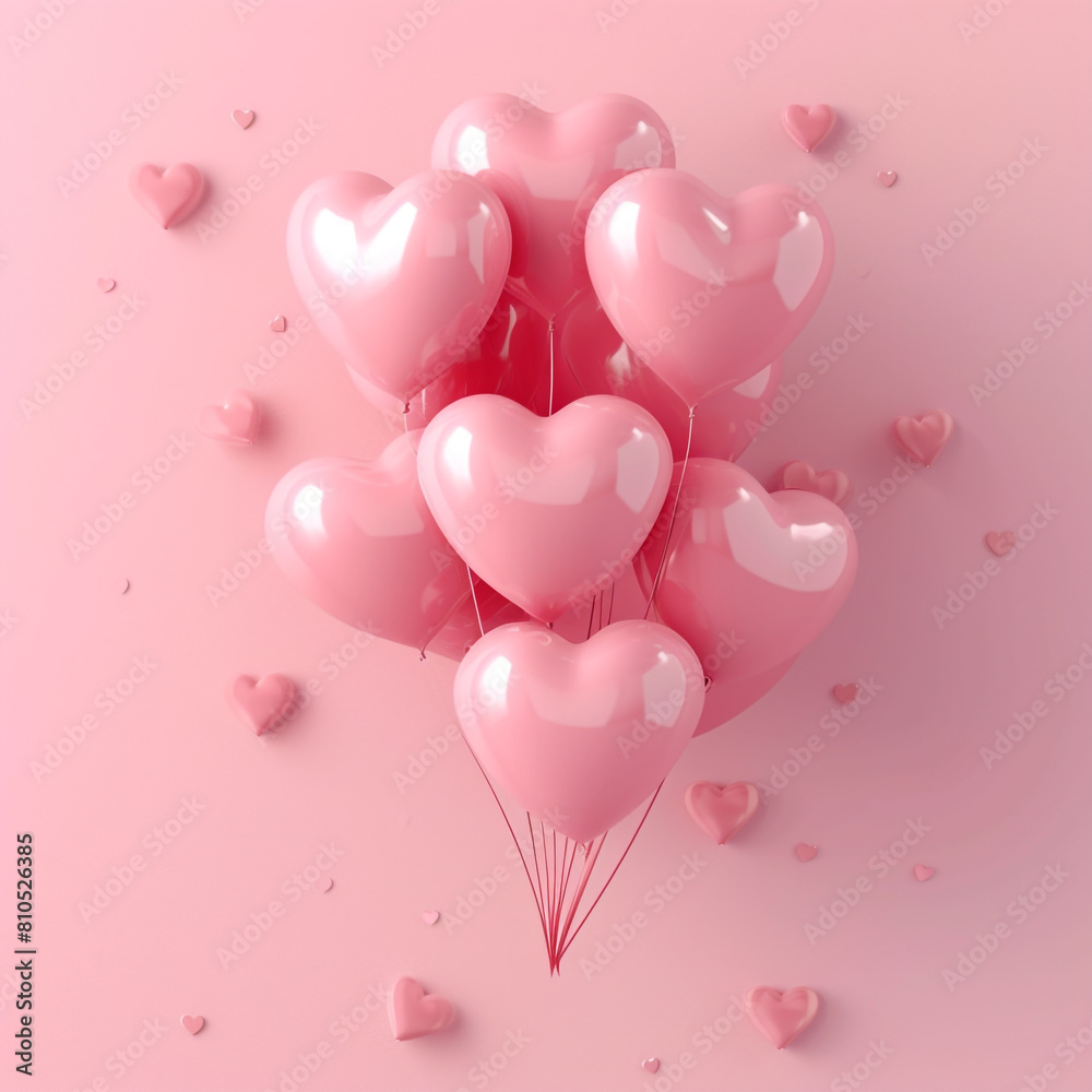 3d heart shaped balloons on pink background, love and valentine day concept