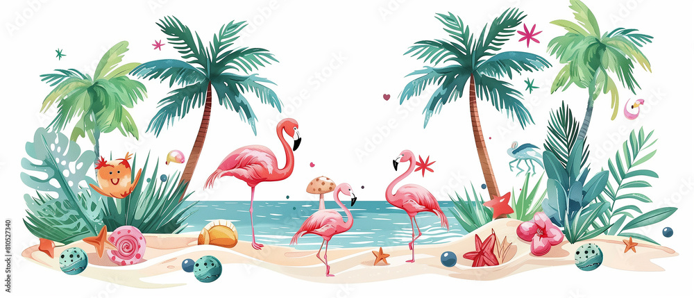 Obraz premium Assortment of bright summer objects, including a pink flamingo, with room for text.