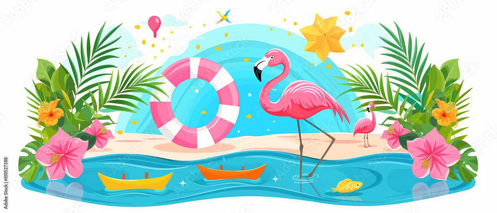 Obraz premium Colorful summer elements with pink flamingo, isolated with copy space.