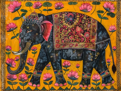 Traditional Madhubani Bharni style painting of an elephant, body gracefully decorated with lotuses, smart and serene concept © Thanadol