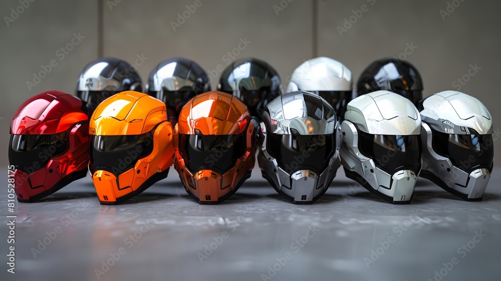 A group of helmets in different colors. A group of helmets in different colors.