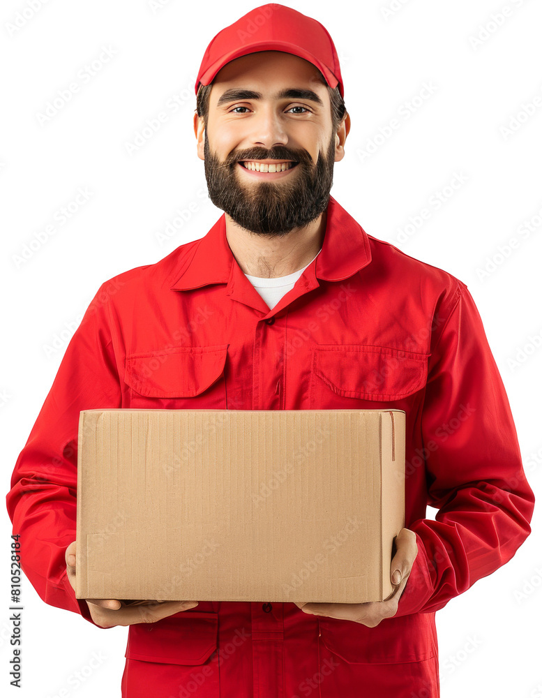 Smiling Courier in Red Uniform Holding a Package. Smiling Courier in Red Uniform Holding a Package.