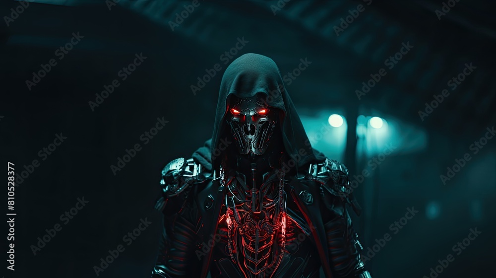 Evil skeleton robot in metal armor. Skull of futuristic evil cyborg in hood. Technology, robotics, artificial intelligence and future concept. Evil skeleton robot in metal armor. Skull of futuristic evil cyborg in hood. Technology, robotics, artificial intelligence and future concept.