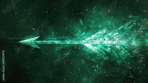 Luminous iridescent arrow shimmering on a dark emerald background.