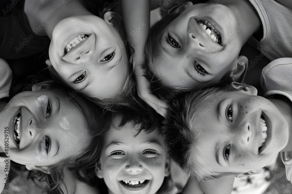 Group portrait of happy kids looking down at camera and smiling. Group portrait of happy kids looking down at camera and smiling.