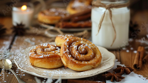 Plate with tasty cinnamon buns and glass of milk 
