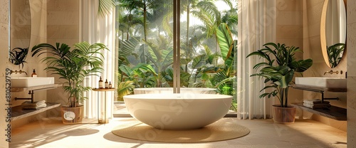 Soft native hues organic shapes look of bathroom with big window oval bathtub in neutrals tones. Green palm plants candles bubblebath leasure and relaxation skin selfcare wellness luxury living photo