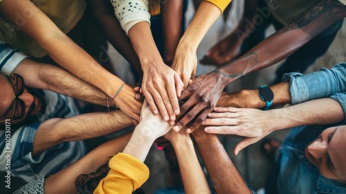 A group of diverse people putting their hands together in a teambuilding exercise, emphasizing unity and cooperation