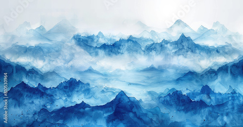  Abstract blue mountains, in the Chinese ink painting style. Created with Ai